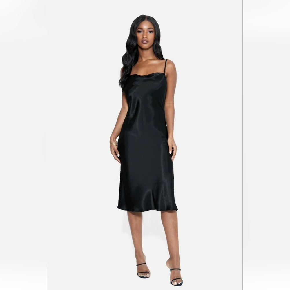 Bebe Black Satin Cowl Neck Slip Dress Large NWOT